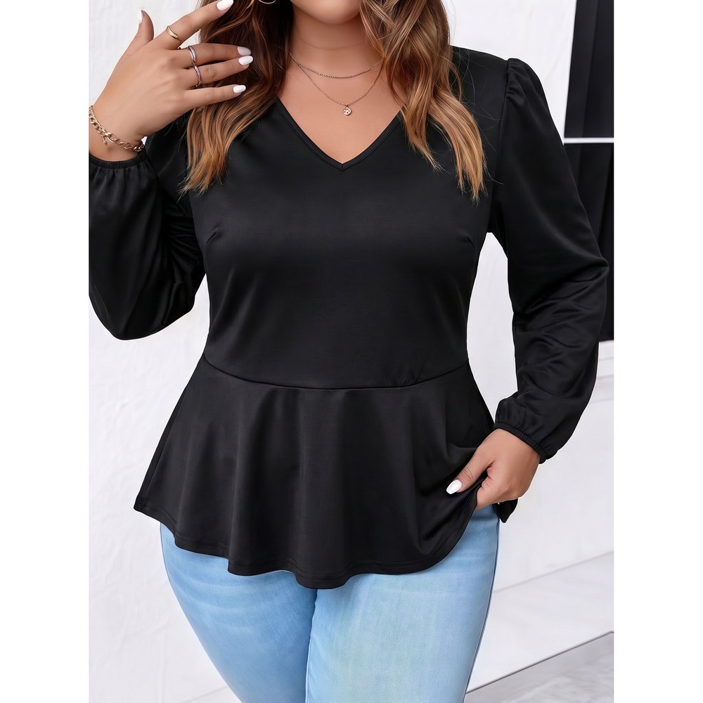 Ashley Stewart Black Peplum Top Long Puff Sleeve V-Neck Plus Size 14/16 NWT